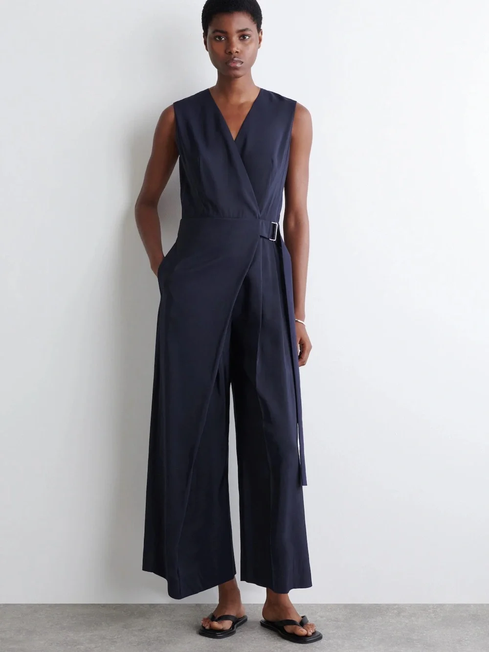 COS Wrap Front Black 100% Linen 3/4 Wide Leg Jumpsuit EUR 42/ US Large (10-12)